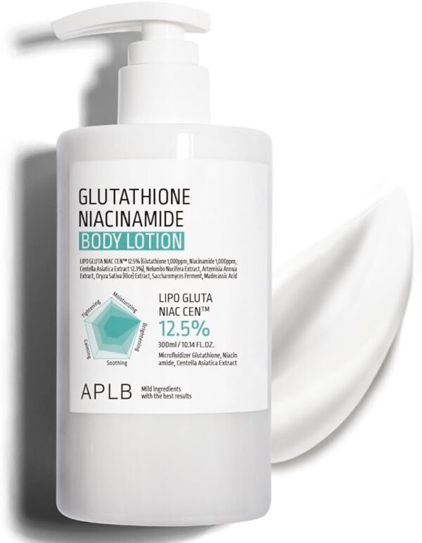 APLB Glutathione Niacinamide Body Lotion,  Hidratación duradera, revitalizante para suavizar y mejorar la textura de la piel.